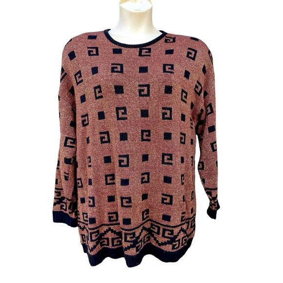 VTG 80s 90s Metallic Rust Salmon Gold Geometric Sweater Glam Retro Size L Women - Picture 1 of 7